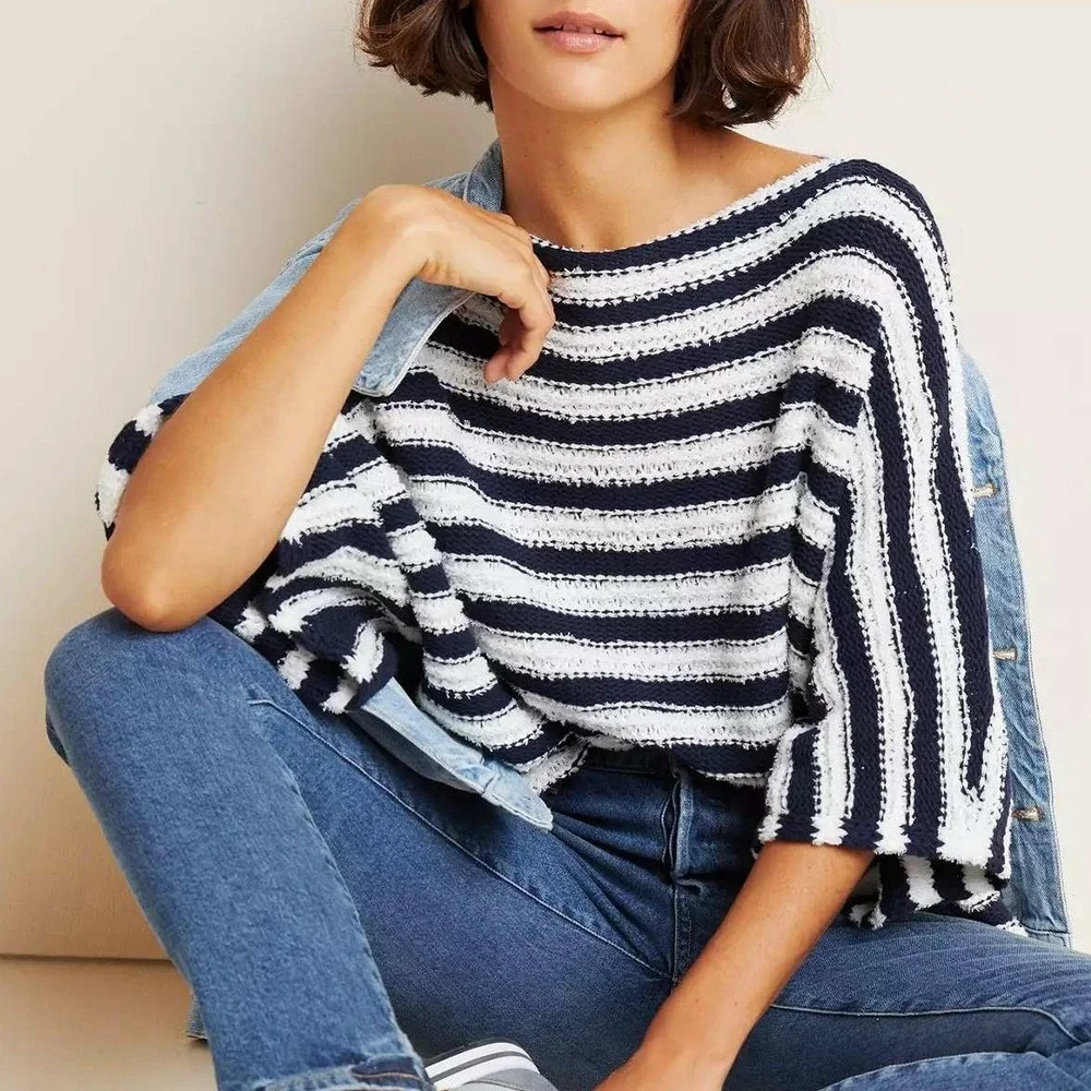 Anthropologie Evie Poncho Striped Sweater XS/S Navy White Textured Knit Boxy‎